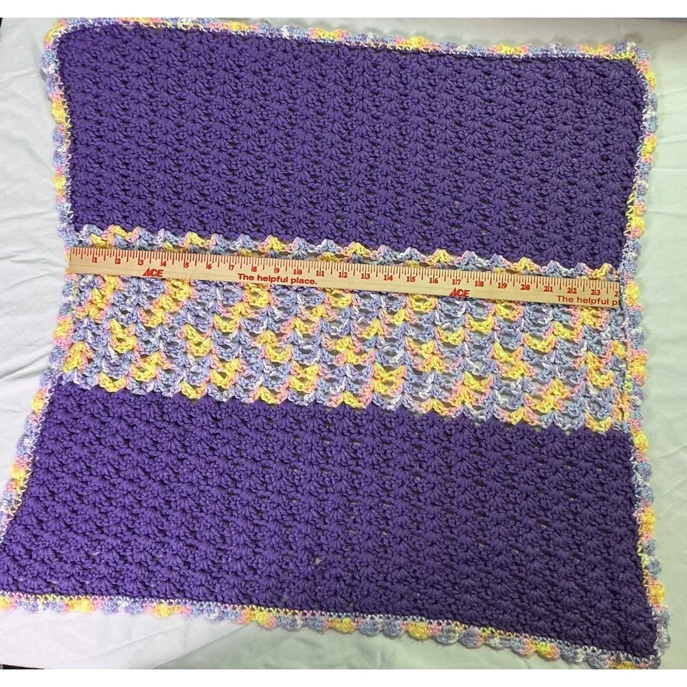 Vintage Handmade Crochet Baby Blanket Purple Pastel Throw 24x24 Cottagecore